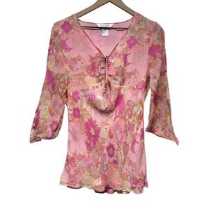 Y2K Vtg Allison Taylor Silk Babydoll Top M Pink Floral Coquette Fairy Asymmetric